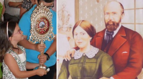 Santos padres de Santa Teresita y la niña del milagro llevando sus reliquias.