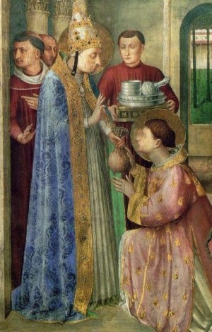 San Sixto entrega a San Lorenzo los bienes de la Iglesia. Fresco de Fra Angelico, capilla de Nicolás V, Roma.