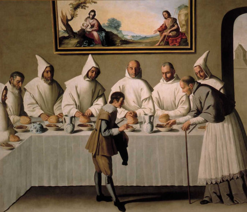El Santo visita el refectorio. Lienzo del pintor barroco español Francisco de Zurbarán. Museo de Bellas Artes de Sevilla, España.