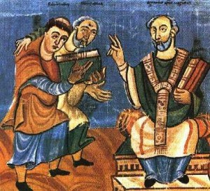 El Santo (izqda.) y su maestro Alcuino, abad de la abadía de San Martín (dcha.) entregando la obra "De laudibus sanctae crucis". Iluminación del manuscrito en Fulda, Alemania.