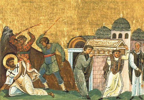 Martirio del Santo. Miniatura del Menologio de Basilio II. Biblioteca Apostolica Vaticana, Roma (Italia).