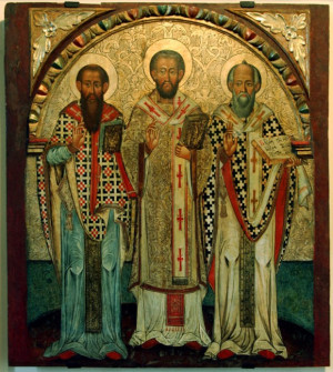 Icono de los tres Doctores Orientales: San Basilio Magno, San Juan Crisóstomo y San Gregorio Nacianceno (de dcha. a izqda.)