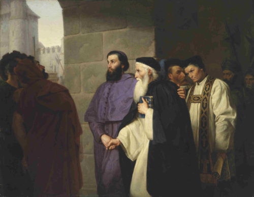 Hugh Latimer y Nicholas Ridley conducidos a la hoguera. Lienzo historicita de Hermann Schweder.