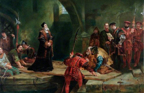 "Thomas Cranmer en la Puerta del Traidor", lienzo historicista de Frederick Goodall, Torre de Londres, Reino Unido.