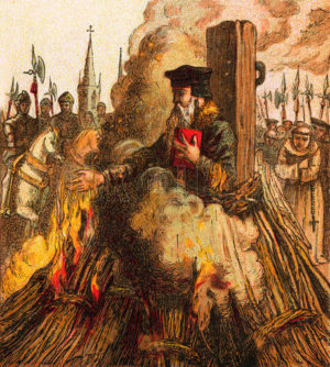 Grabado coloreado de la ejecución del arzobispo Cranmer.