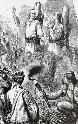 Grabado de Nicholas Ridley y Hugh Latimer quemados en la hoguera.