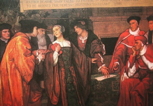 Anne Askew se niega a retractarse de sus creencias. Mural "The Martydom of Anne Askew", obra de Violet Oakley (1874-1961). Pennsylvania State Capitol, EEUU.