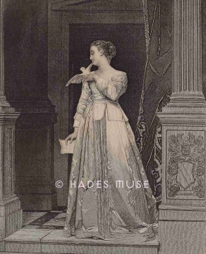 Grabado decimonónico de Anne Askew por los Illman Brothers, representándola como una dama victoriana romántica. Copyright: Hades Muse.