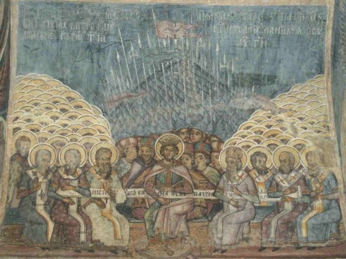 Concilio de Nicea. Fresco ortodoxo rumano (s.XVIII) en la iglesia Stauropoleos de Bucarest (Rumanía).
