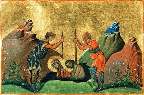 Los esposos son sepultados vivos. Iluminación del Menologio de Basilio II, s.X. Biblioteca Apostolica Vaticana, Roma (Italia).