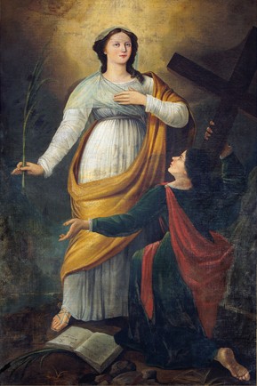 Santas Devota (de pie) y Julia (de rodillas, sosteniendo la cruz de su martirio), patronas de Córcega y que, según los hagiógrafos, sería una única Santa. Lienzo de la abadía de Flavigny, Francia.