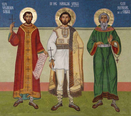 Fresco ortodoxo rumano de los Santos Besarión Sarai, Nicolás Oprea y Sofronio de Cioara (izqda. a dcha.)