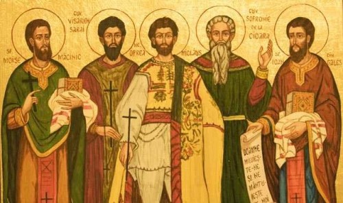 Icono ortodoxo griego de los Santos Moisés Macinic, Besarión Sarai, Nicolás Oprea, Sofronio de Cioara y Juan de Gales (izqda. a dcha).