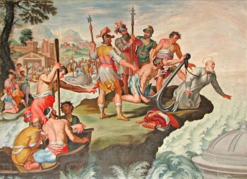 Martirio del Santo papa, arrojado al mar con un ancla al cuello.