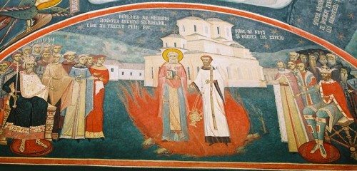 Milagro del Santo: Nicodemo cruza el fuego sin ser dañado, en presencia del rey Segismundo. Fresco ortodoxo en el monasterio de Tismana (Rumanía).