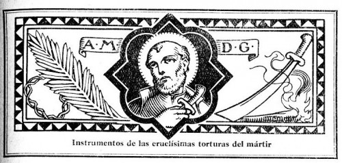 Membrete del Santo con los instrumentos de su suplicio. Enciclopedia "El Santo de Cada Día", Edelvives, 1960.