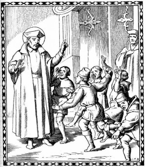El Santo, objetos de burlas y escarnios por parte de niños enviados por los opositores a su proselitismo. Ilustración de J.M.B. para la enciclopedia "El Santo de Cada Día", Edelvives, 1960.