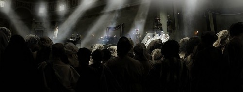 Panorámica de la escena de la disputa con los sabios.