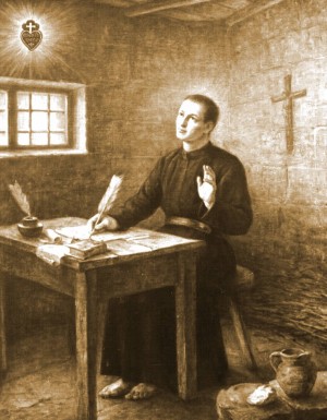 El Santo escribiendo las Reglas de su Congregación.