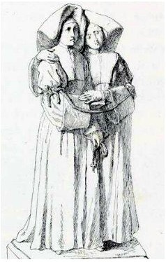 Ilustración de las dos Beatas, atadas juntas. Odile reclinada en Marie-Anne.