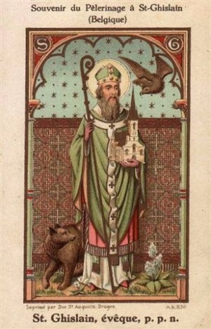 Estampa decimonónica de San Gisileno con el oso.