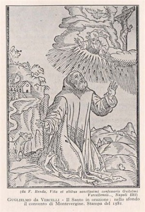 Grabado de San Guillermo de Vercelli en oración, el oso en segundo plano.