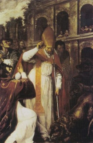 San Jenaro bendice al oso. Lienzo barroco.