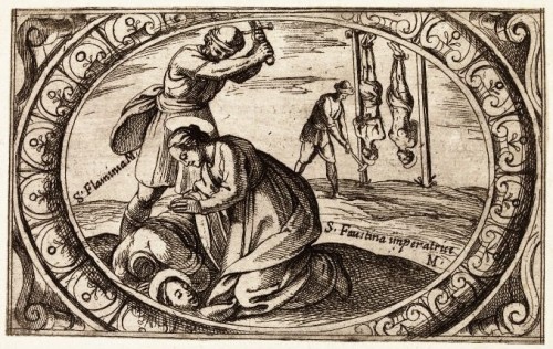 Santas Flaminia y Faustina emperatriz siendo torturadas y decapitadas. Grabado de Antonio Tempesta para "Istoria de molte sante vergini romane nel martirio". Istituto Nazionale dell'Arte Grafica, Roma (Italia).
