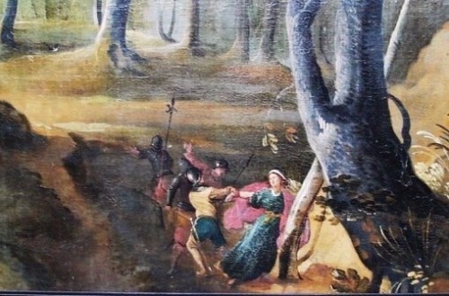 La Santa se resiste a la detención por los soldados de su padre, quienes le arrancan el brazo. Tabla de la leyenda de la Santa.