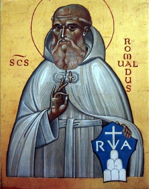 Icono del Santo con el escudo de su fundación.