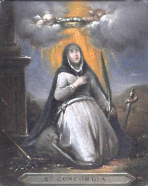 Lienzo decimonónico de la Santa con sus atributos principales: pilar, látigo emplomado, espada.