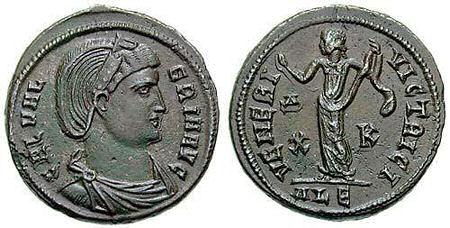 Anverso y reverso de moneda romana con la efigie de Galeria Valeria, Augusta, hija del emperador Diocleciano y de su esposa Prisca.