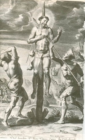 Grabado del martirio de Fray Diego Ruiz Ortiz, empalado y alanceado.
