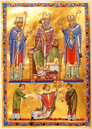 San Pedro rodeado por los Santos Virgilio y Ruperto. Iluminación del Antifonario procedente del monasterio de San Pedro, Salzburgo, Alemania.