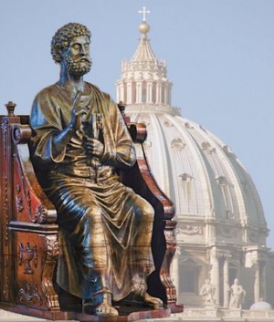 Escultura de San Pedro en su cátedra y cúpula de la Basílica Vaticana. Roma, Italia.